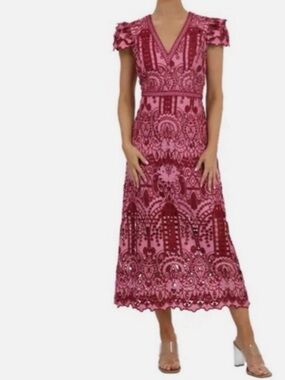 Adelyn Rae Pink Embroidered V-Neck Midi Dress. Size M